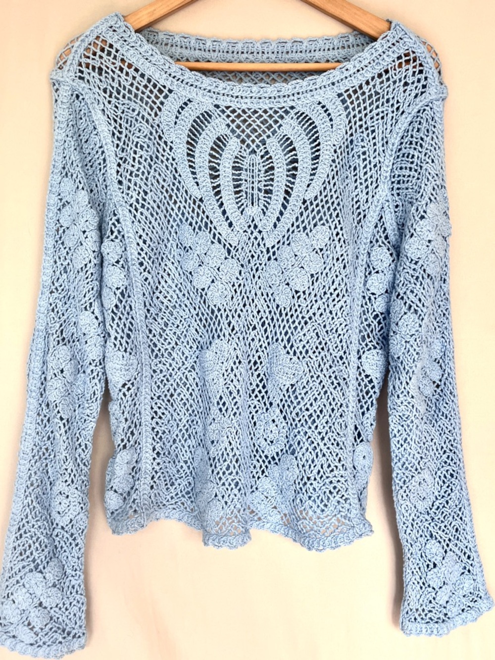 Hand Crocheted Cotton Sweater Blue Open Knit Boho Festival Cottagecore